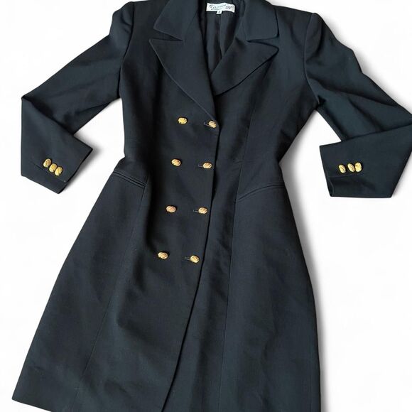 Black Vintage 80’s/90s Double-Breasted Wool Blazer Dress W/ Gold Button Accents - Picture 6 of 8